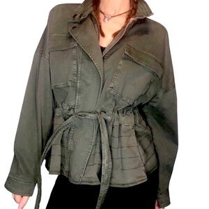 Gap Short Trench Coat Jacket Sz S Army Green Utility Tie Waist Casual Grunge